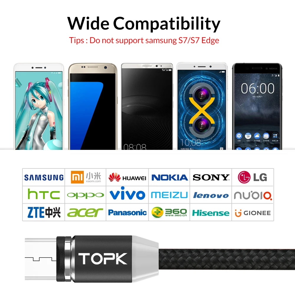 Магнитный кабель TOPK AM23 1 м и 2 Micro USB со светодиодным индикатором нейлоновый
