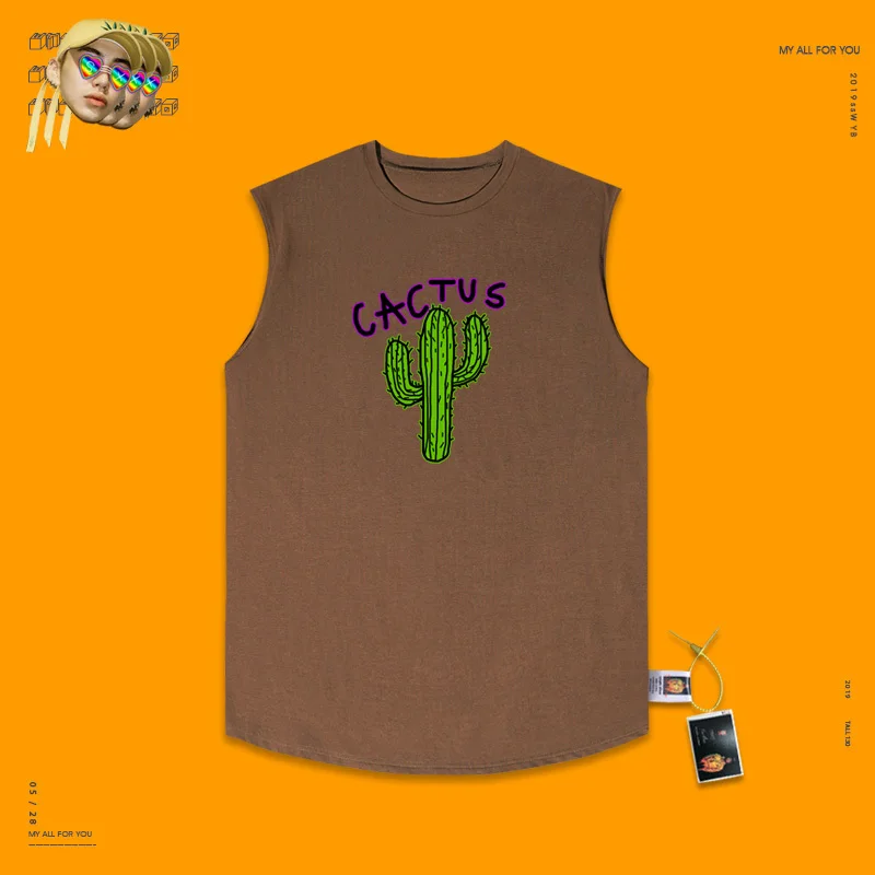 Wang Be Ill Ins Studio Mr. Kan Hand High Street Wind каракули мультфильм серии Кактус жилет без рукавов мужской - Цвет: Coffee
