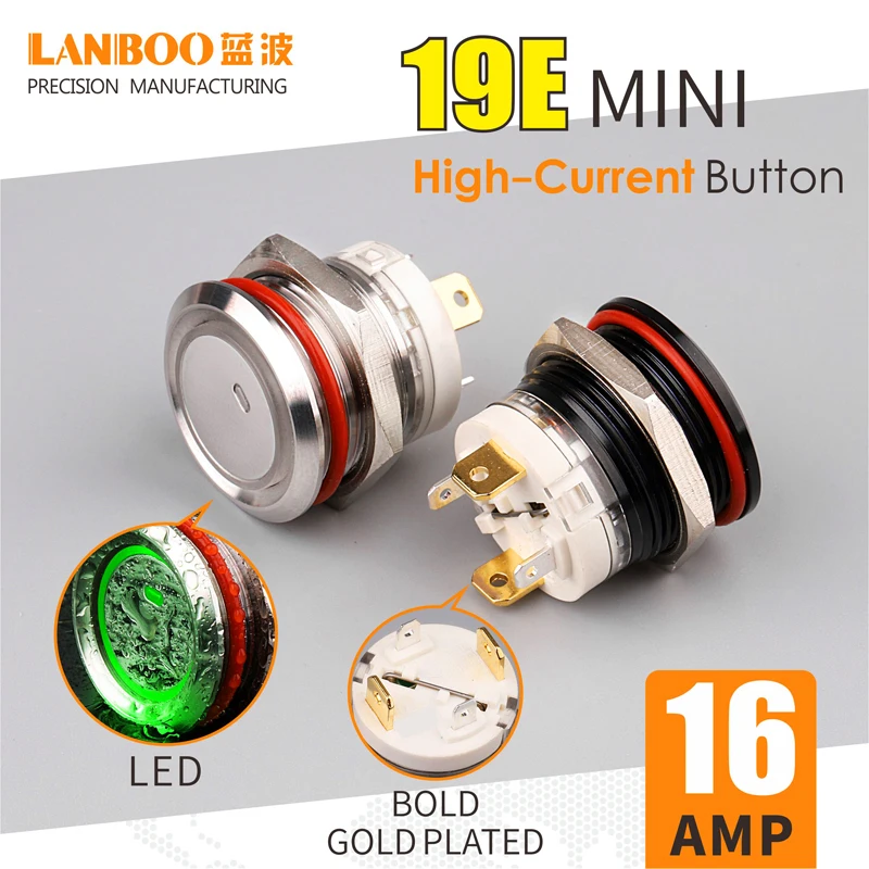 LANBOO 19mm metal push button switch 16Amp high current with LED latching or momentary 1NO 4pin waterproof IP67 MINI switch