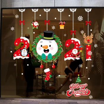

Creative 2021 New Year Cartoon Christmas Window Stickers DIY Wreath Snowman Wall Decals