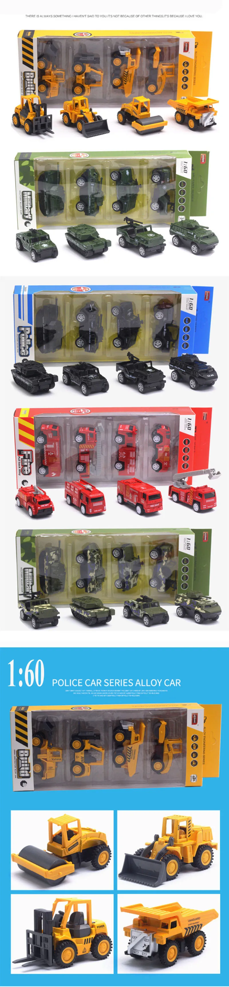 4 шт./компл. 1: 60 сплава модели автомобилей комплект Вытяните назад детские игрушки имитация военные пожарная машина инженерных экскаватор игрушки для детей автомобиля