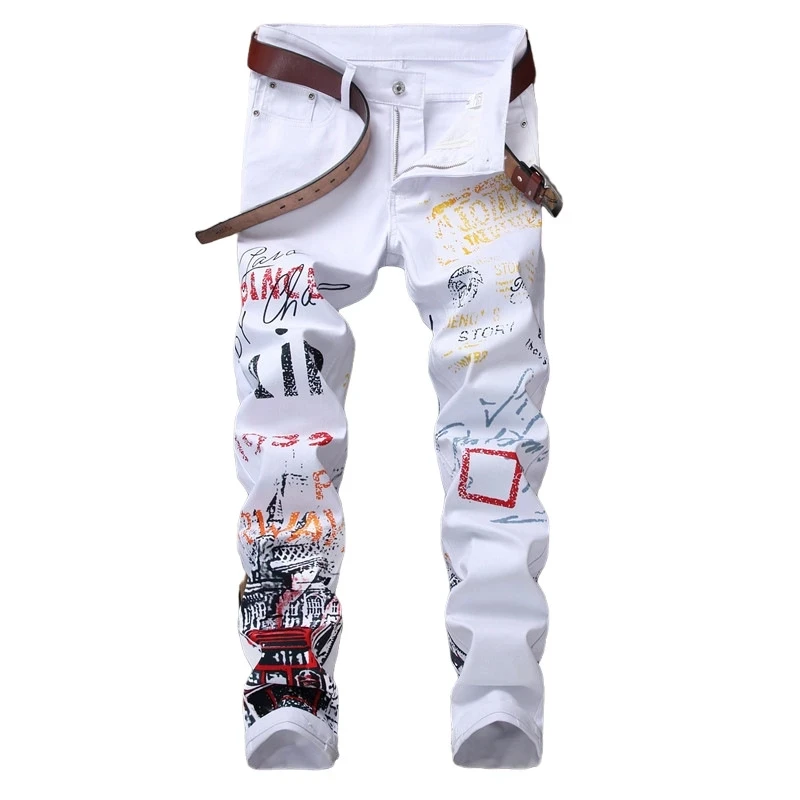 

New European-Style Digital Print Men Jeans Slim Fashionable Trousers Stretch Pants Small Feet Casual High Quality Denim Pants