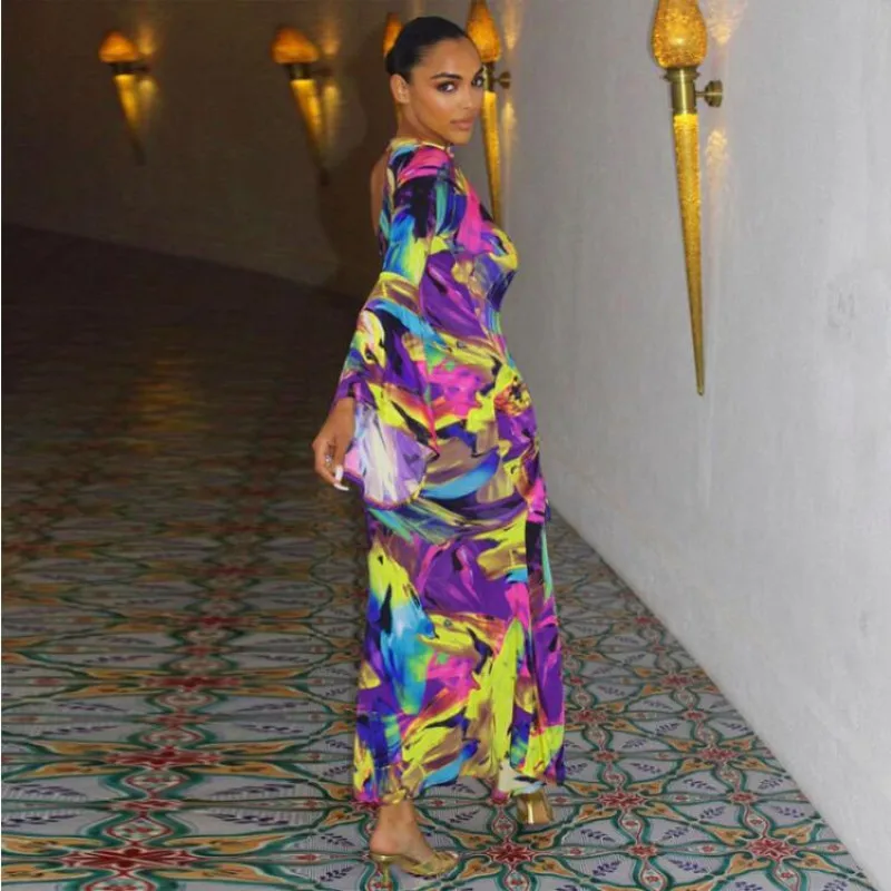 2020 Tie Dye One-Shoulder Flare Sleeve Slit Halter Sexy Maxi Dress Women Pleated Sexy Party Club Bodycon Dress