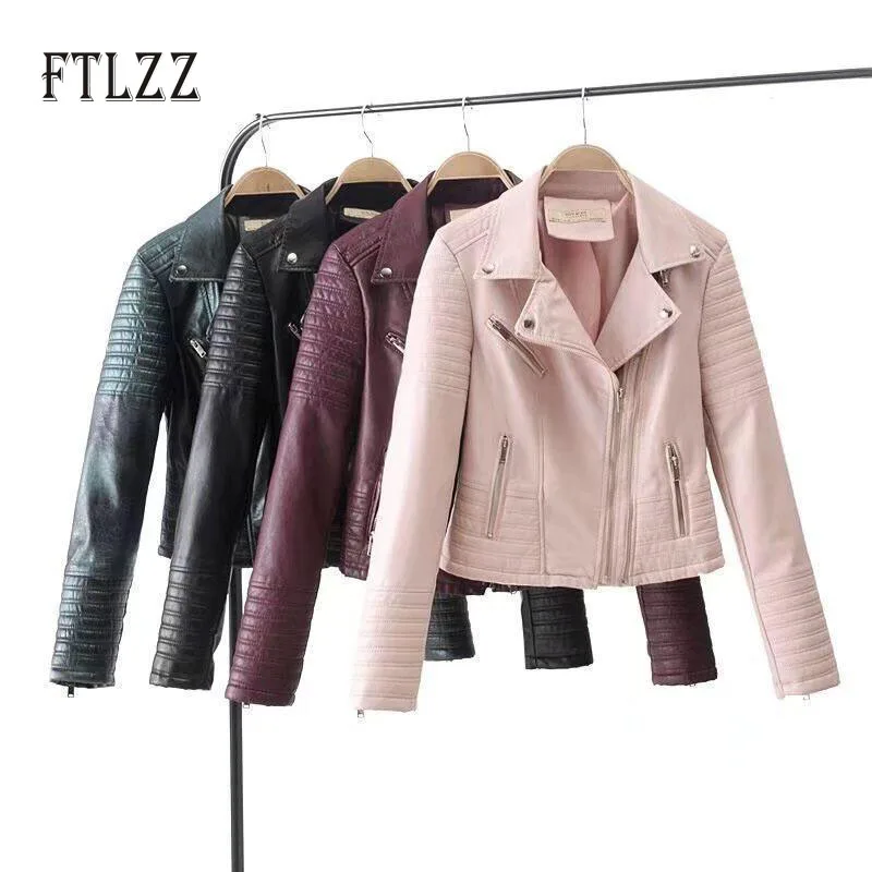 

2019 New women fashion leather coats spring autumn slim black biker jackets ladies zipper vintage basic moto punk style jackets