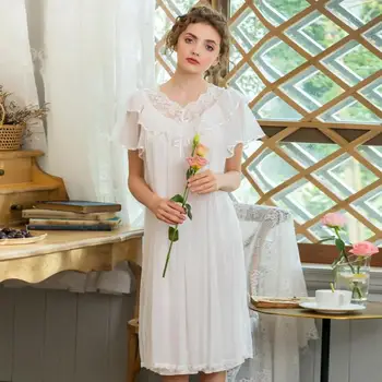 

Summer Autumn Ruffle Lace Nightdress Women Loose Thin Nightgown Elegant Bathrobe Lady Female Midi Sleepwear Night Sleeping Dress