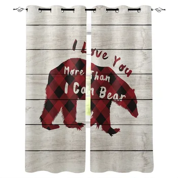 

Red Checkered Bear Plank Grain Window Curtains Living Room Kitchen Curtains for Bedroom Left and Right Biparting Open Curtains