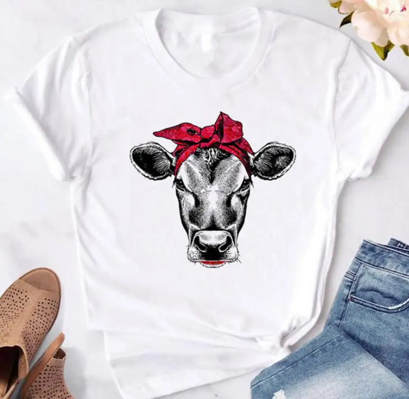 

Wearing Headband Bull Head Print T Shirt Women Short Sleeve O Neck Loose Tshirt 2020 Summer Women Tee Shirt Tops Camisetas Mujer
