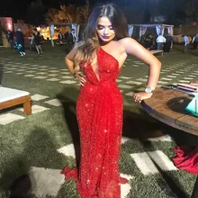 Дубай, красное сексуальное платье на одно плечо для выпускного вечера,, роскошное торжественное платье Русалка с бисером и пайетками, Серен Хилл, DLA70297