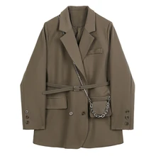 Blazer marron à poches grande taille pour femmes, veste à revers à manches longues, coupe ample, à la mode, nouvelle collection printemps automne 2022 