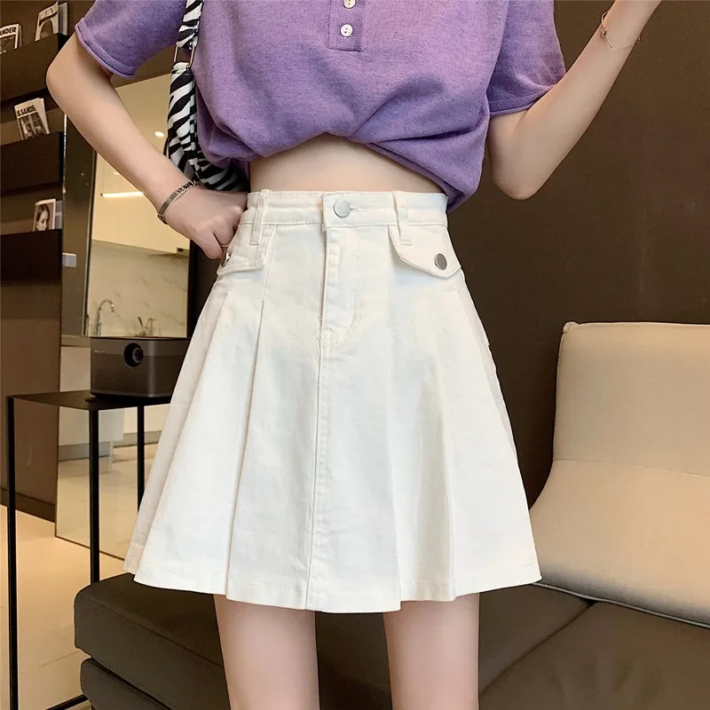 

woman skirts 2021 new Korean retro wrinkled denim A-line skirt female bag hip short skirt