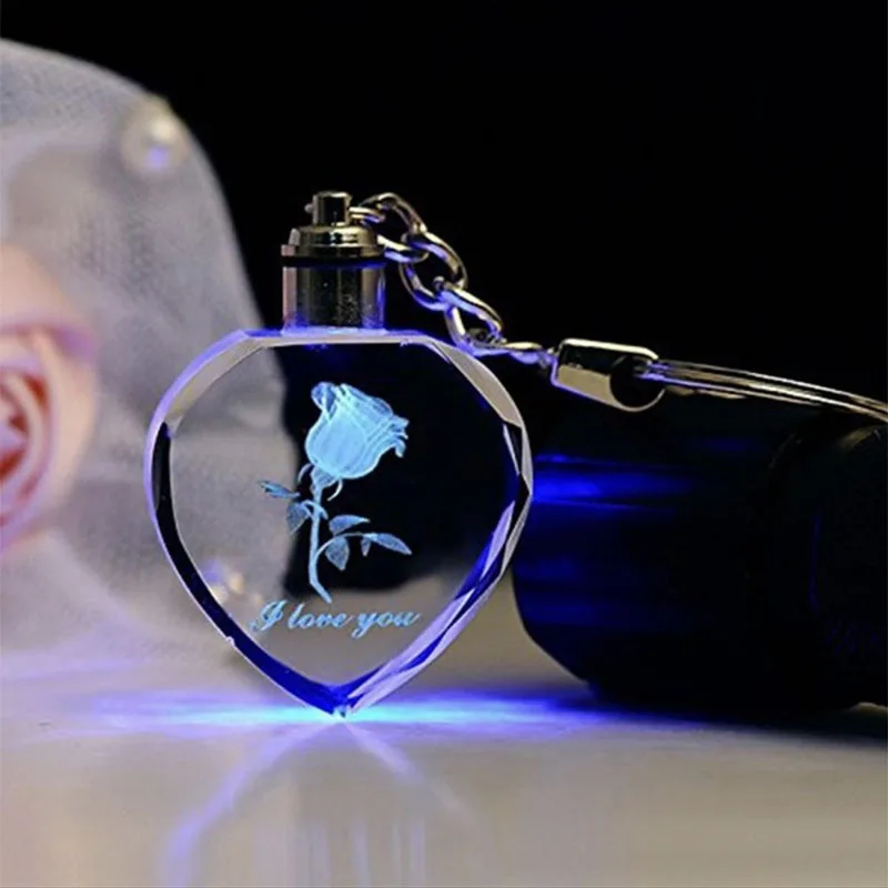 

LED Crystal Car Key Ring Heart-Shaped Keychain Classic Rose With Blue&Red Light Car Key Holder Keyring Jewelry Accessories