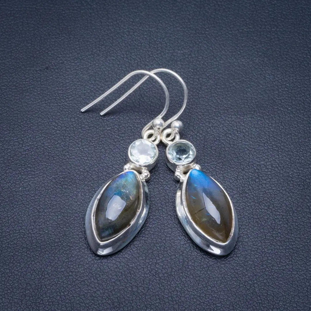 

Natural Blue Fire Labradorite and Blue Topaz Handmade Unique 925 Sterling Silver Earrings 1.5" B2609