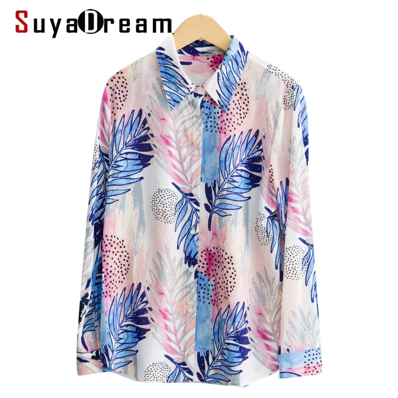 Блузка SuyaDream женская с принтом 100% шелк креп длинные рукава отложной воротник