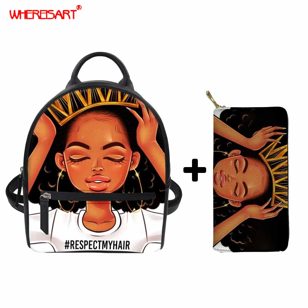 

WHEREISART Women Mini Backpack Small Cute Schoolbag African Black Queen Ladies Small Shoulder Bags Female Travel Bag Mochila