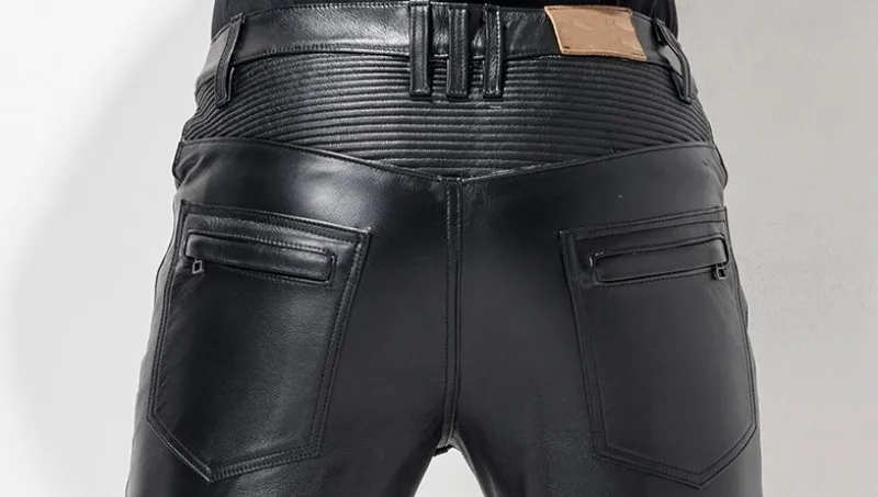 Excellent European Autumn Winter Slim Mens Full Length Cowhide Pants Windproof Thick Moto Biker Pleated Genuine Leather Male Pencil Pants 10