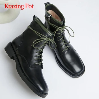 

Krazing pot western boots real leather mixed colors cross-tied round toe thick med heel zipper fashion keep warm ankle boots L42
