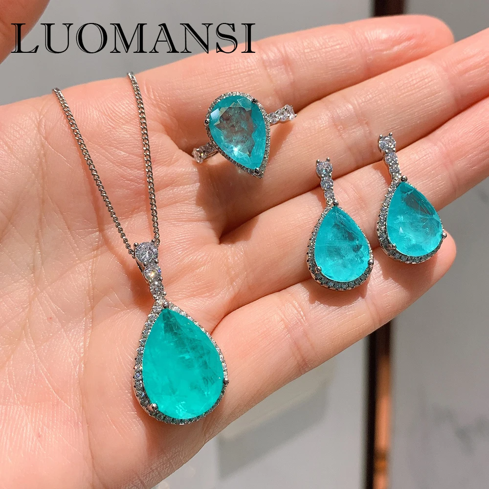 Luomansi Luxury 925 Sterling Silver Paraiba Tormalina Orecchini/Pendente/Collana/Anello Set Di Gioielli Da Sposa All'Ingrosso