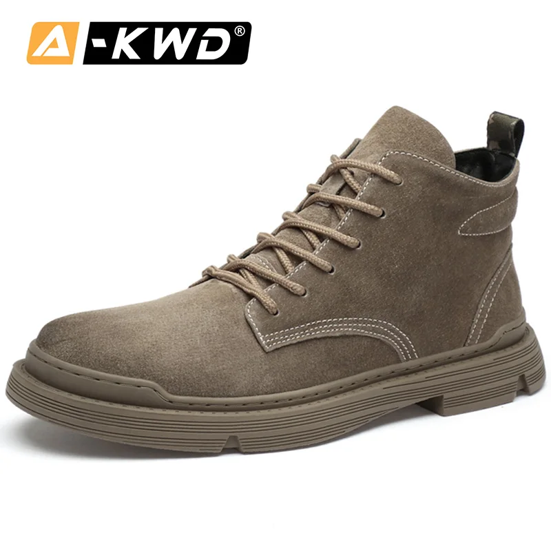 High-Tops Men Snow Boots Botas De Invierno Khaki Brown Chealsea Boots Men Pu Leather Single Outdoor Tooling Ankle Booots Lace-up - Цвет: Khaki-Fur