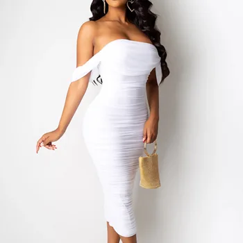 

White Pleated Bodycon Midi Dress Sexy Strapless Cocktail Party Dresses Summer African Women Backless Slim Beach Home Vestidos