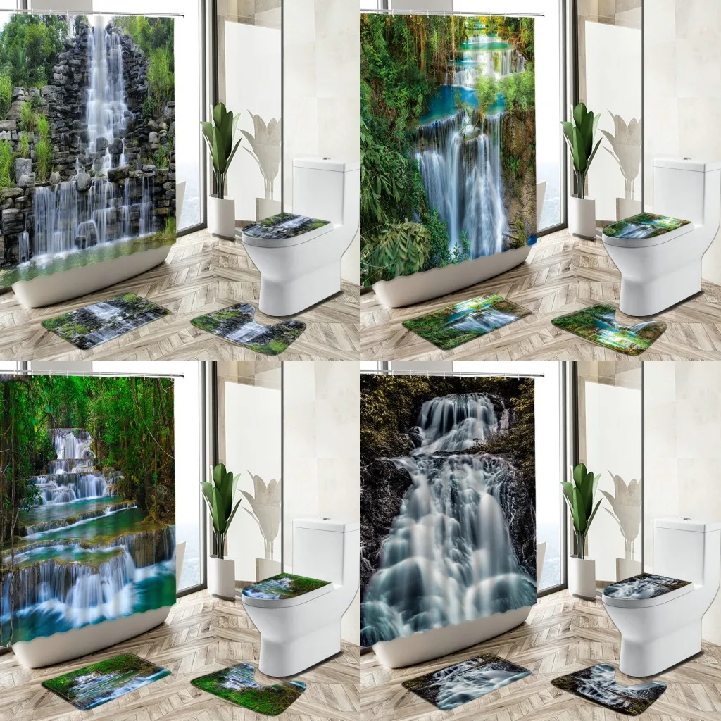

Natural Waterfall Scenery Shower Curtain Set Forest Green Plant Stone Photography Non-Slip Carpet Toilet Cover Foot Mat Washable
