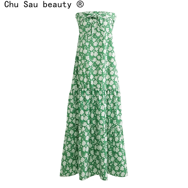 

Chu Sau beauty Sweet Green Chic Floral Printed Midi Dress Women Holiday Style Bow Off Shoulder Long Dresses Vestidos De Verano