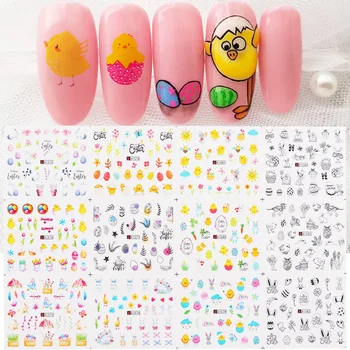 

12pcs Chicken Rabbit Nail Decals Sticker Cartoon Easter Eggs Nail Art Water Transfer Sliders 3D Full Cover Tattoo TRA1573-1584-1