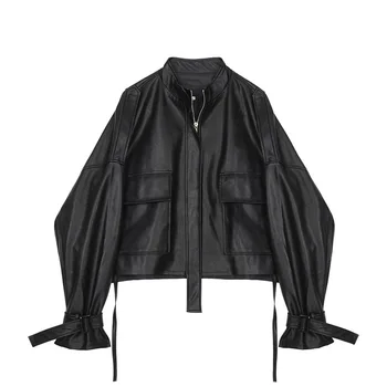 

Short Drawstring Bandage Cloth Female Leather Jacket Long Sleeve Classic Women's Leather Jacket New 2020 Spring Women's Jacket
