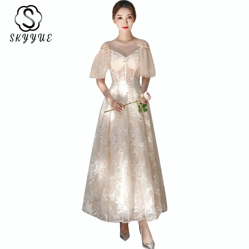 Bridesmaid Dresses A Line Skyyue ER487 V-neck Spaghetti Strap Long Bridesmaid Dress For Women Short Sleeve Wedding Guest Gowns