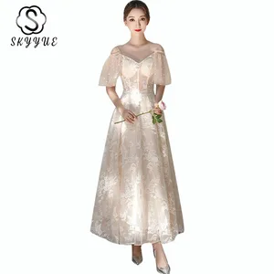 Bridesmaid Dresses A Line Skyyue ER487 V-neck Spaghetti Strap Long Bridesmaid Dress For Women Short Sleeve Wedding Guest Gowns