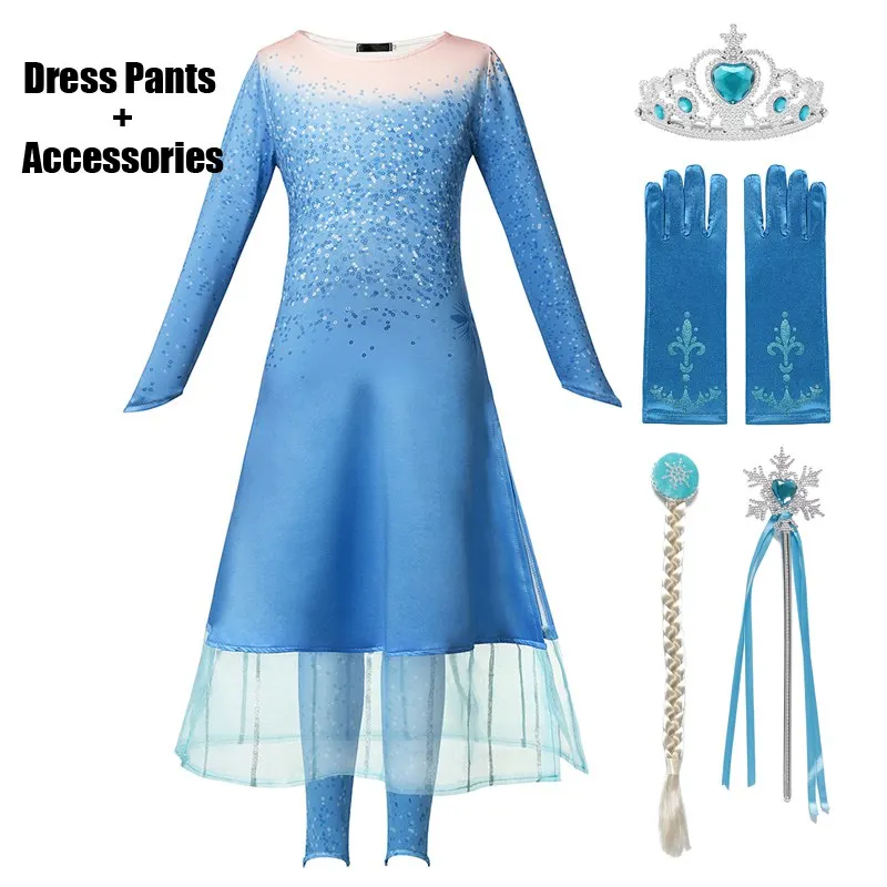 MUABABY Girls Elsa 2 New Princess Costume Children Blue Dress and Down 2 Pcs Set Clothes Halloween Snow Queen Fancy Dress Up