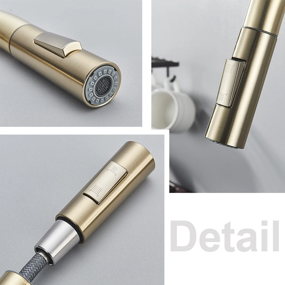 Kitchen Faucets Luxury Brushed Gold Kitchen Wash Basin Faucet Hot Cold Mixer Tap 360&deg; Rotating Spout Deck Mount Two Outlet Modes