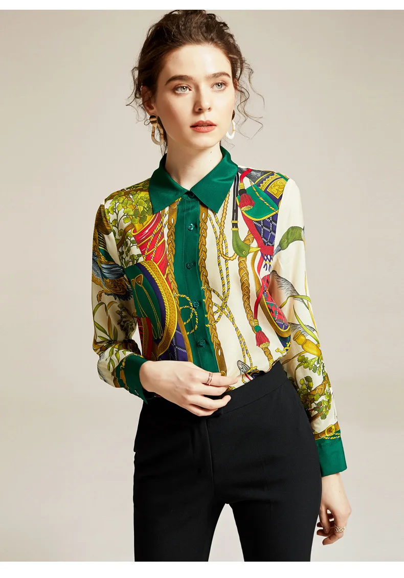 Blusas Mujer De Moda новые женские рубашки женские топы с принтом Питер Пэн воротник Офисная Леди натуральный шелк высокое качество