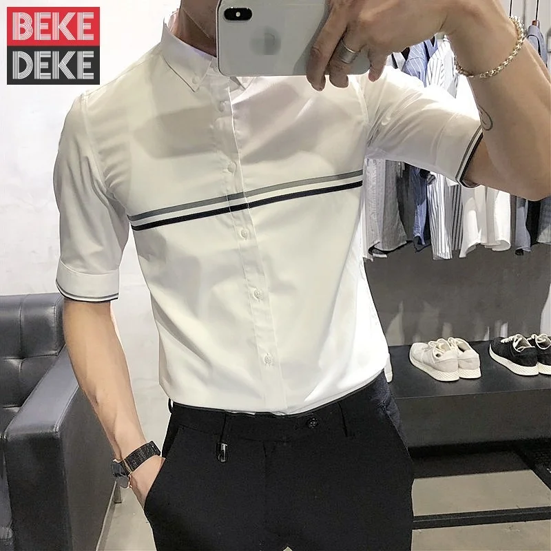 

Рубашка мужская с коротким рукавом, классическая сорочка в полоску, однобортный Топ с отложным воротником, деловая Повседневная белая, на лето
