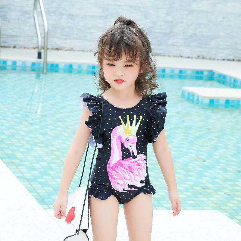 

Printed Girls Siamese Swimsuit GIRL'S Triangular Bathing Suit Flamingo Pattern Flash Princess Bubble Hot Spring Swimwear