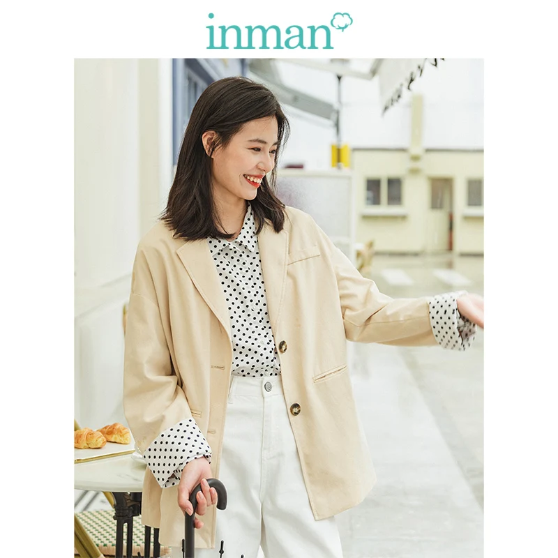 INMAN, осень, Новое поступление, лиоцелл, хлопок, волнистый, острый рукав, элегантный, хаки, подходит ко всему, женский костюм, куртка