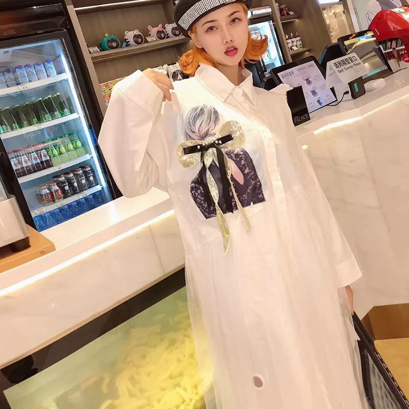 CHICEVER корейский стиль, лоскутные сетчатые платья с бантом для женщин, воротник с лацканами, длинный рукав, большие размеры, элегантные миди платья, женская одежда