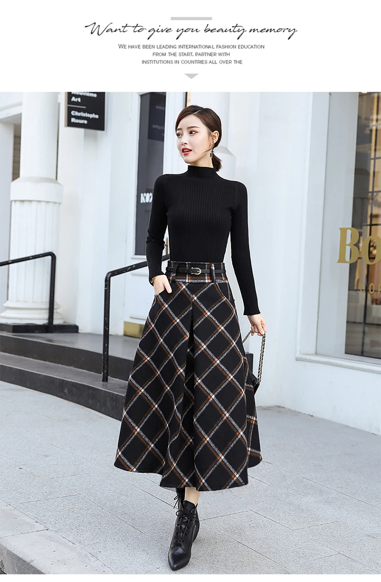 SymorHouse Англия Стиль Красная клетчатая высокая талия миди юбки шерстяные плюс размер 2XL линия плиссированные зимние женские юбки из тартана