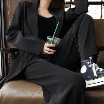 

New Arrival Women Black Solid 2 Piece Set Notched Blazer High Waist Wide Leg Pants Chic Suit Korean Style Female Wear S9O502F