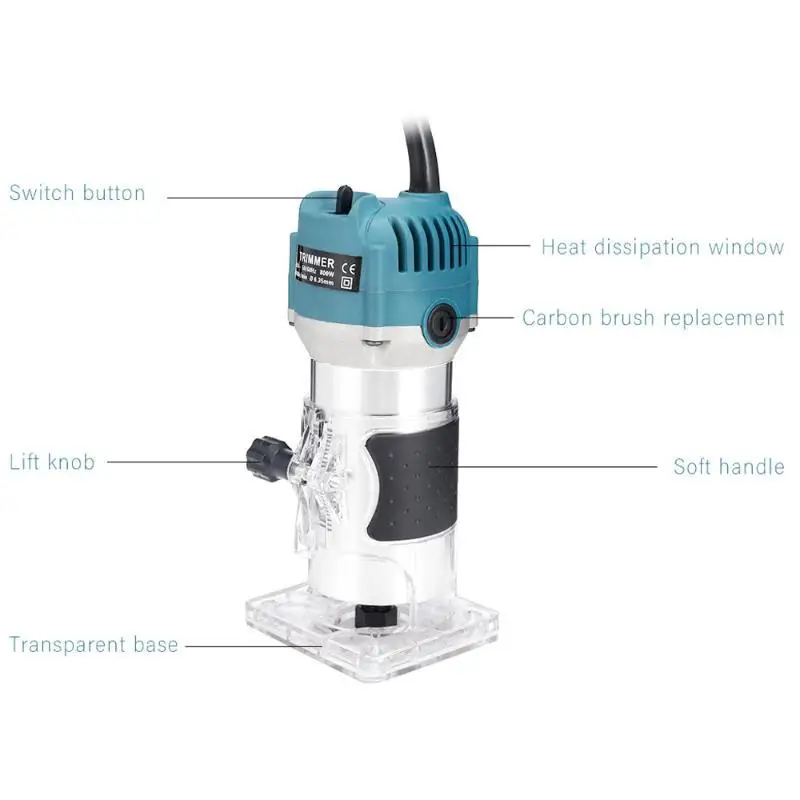 220V 800W Woodworking Electric Trimmer Wood Milling Engraving Slotting Trimming Machine Hand Carving Router EU Plug 6.35mm 3