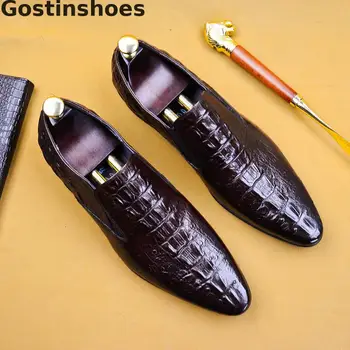 

Luxury Men Leather Shoes Cowhide Crocodile Printed Slip-on Pointed Toe Dress Shoes Men Oxfords Formal Leather Shoes Office Party