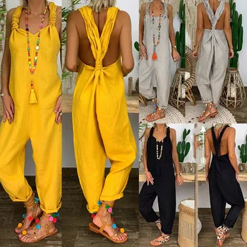 

2019 Summer Women Casual Loose Cotton Linen Jumpsuit Sleeveless Backless Playsuit Trousers Overalls
