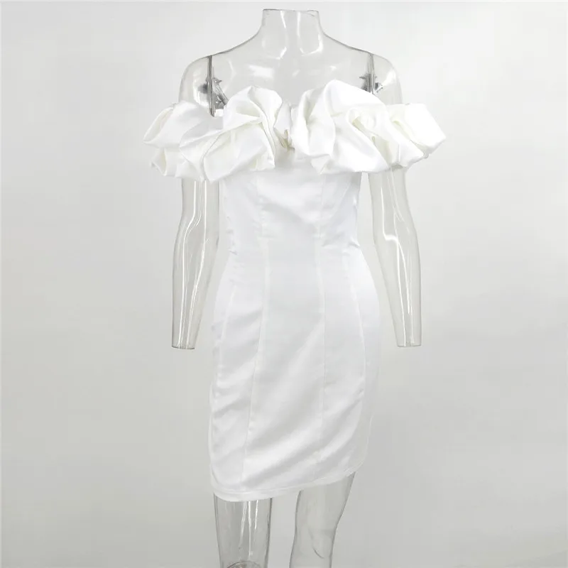 Feditch Satin Ruffles Sleeve 2020 Summer Dress Backless Strapless Bodycon White Dress Short Sexy Party Dress Nightclub Vestidos