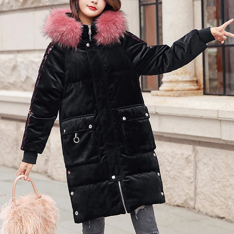 

2019 New Style WOMEN'S Dress Winter Loose-Fit Slimming Fairy Students Elegant Korean-style Sequin Hooded Fur Collar Cotton Coat
