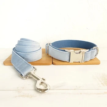 

Sky Blue Dog Collar Drawstring Set, Free ID Engraving, Hand-Made Dog Running Leash, For Dog Collar Necklace