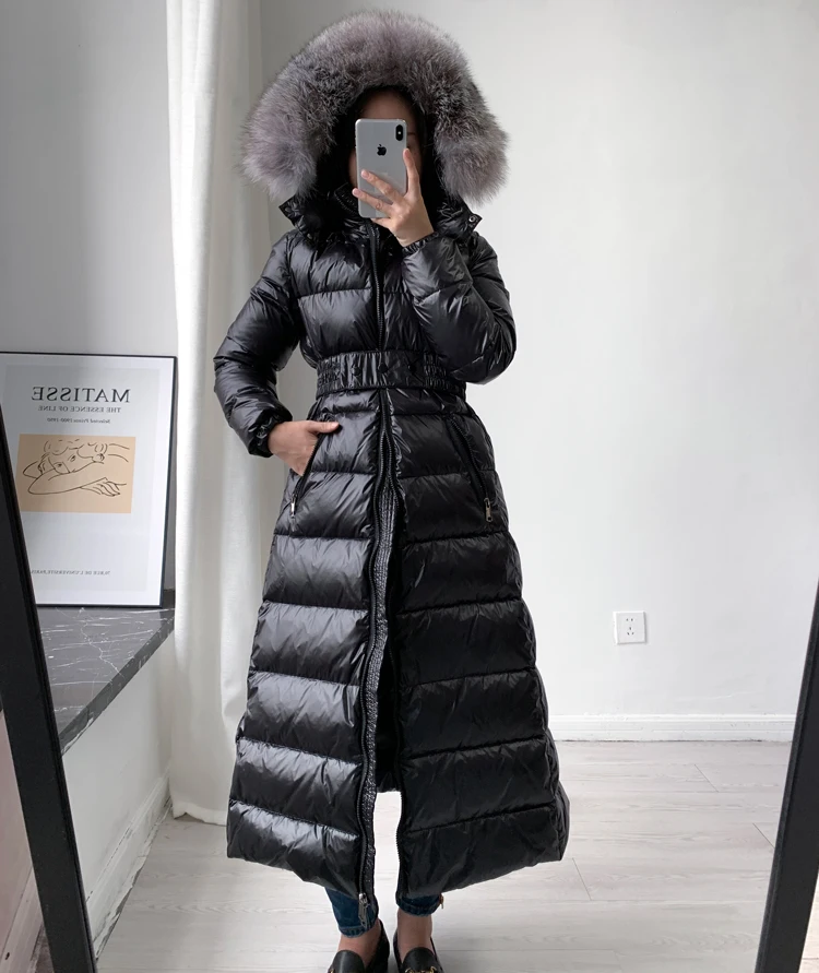 KoHuiJo, женский пуховик, зимний, натуральный Лисий мех, с капюшоном, X-Long, пуховик, парки размера плюс, тонкий, высокое качество, с поясом, теплое пальто