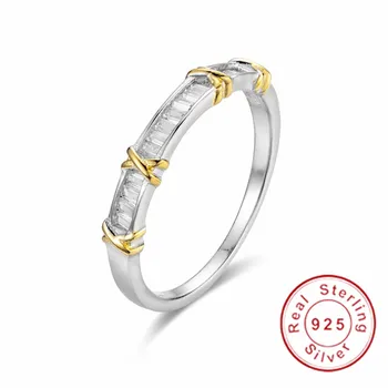 

Fashion 925 Sterling Silver Emerald cut diamond Stone Couple rings for Women Brand Yellow Gold Cross Wedding Thin Ring Jewelry