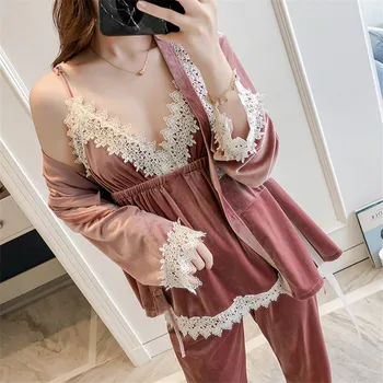 

Pink Velvet Women 3PCS Pajamas Suit Autumn Winter Casual Loose Sleep Set Homewear Nightwear With Lace Sleepwear Home Clothes