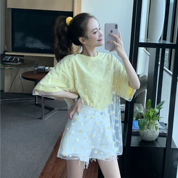 

PX228 Fake two pieces of medium length short sleeve T-shirt for women