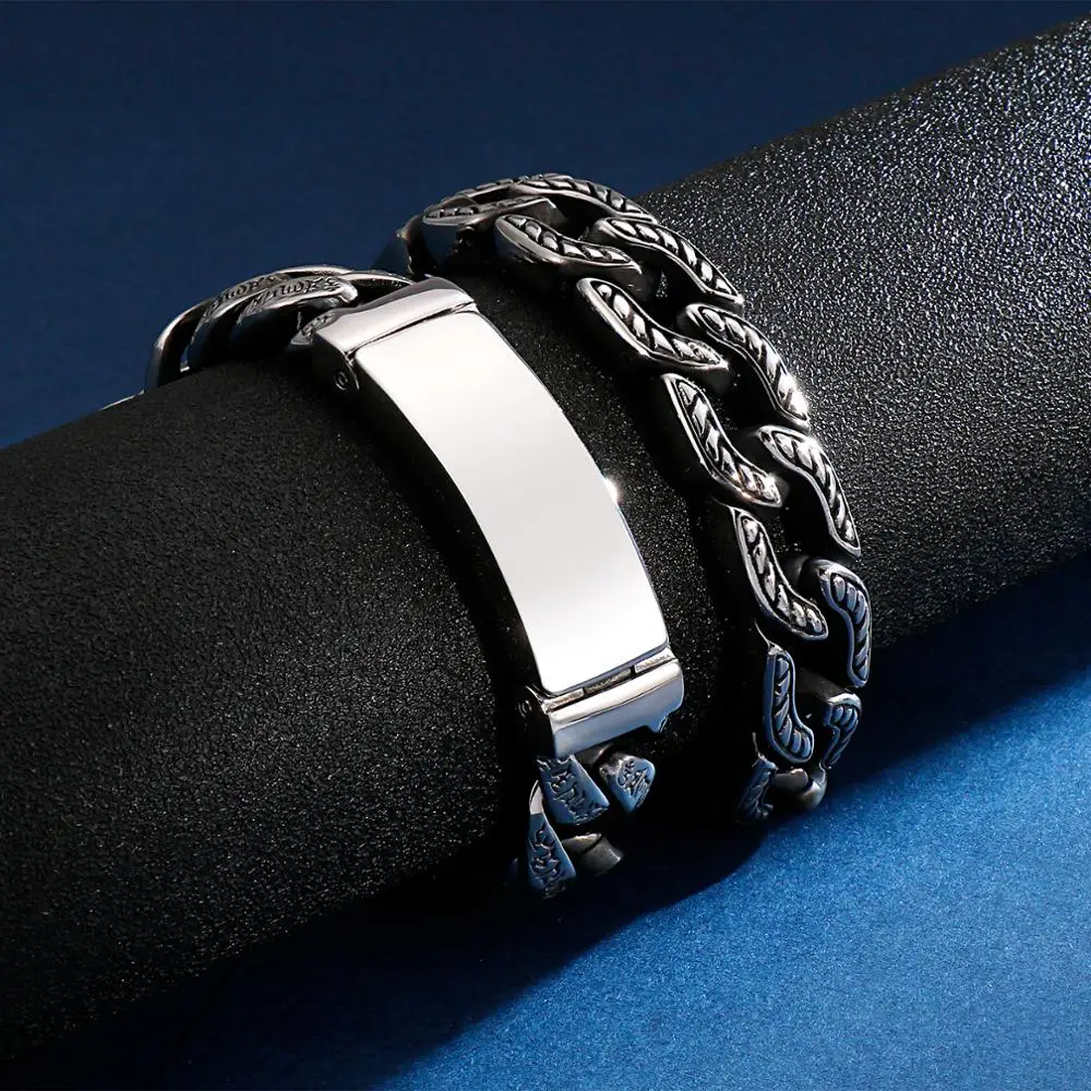 Fongten Budha Cuban Bracelet Men Stainless Steel Retro Link Chain Skull Punk Bracelets For Man Jewelry