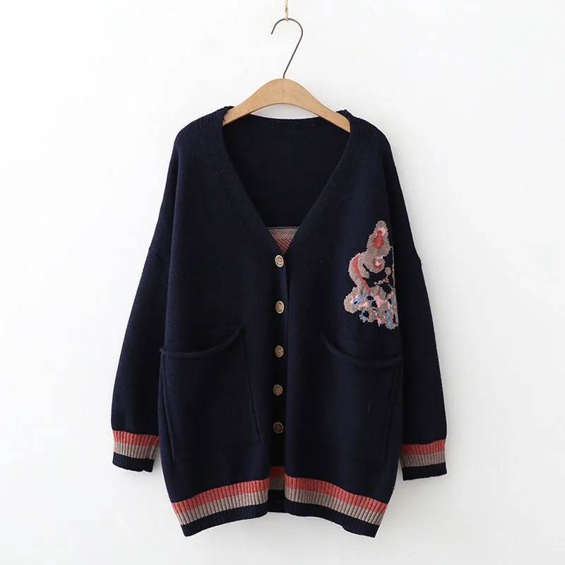 

Autumn Casual Knitted Jacquard Dogs Sweater Women Loose V Neck Button Pocket Cardigan Knitwear All-Match Pull Femme Harajuku